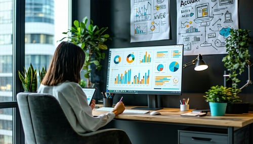AI-Enabled Account-Based Marketing (ABM) Strategy with a marketer sitting at a desk monitoring analytics dashboard