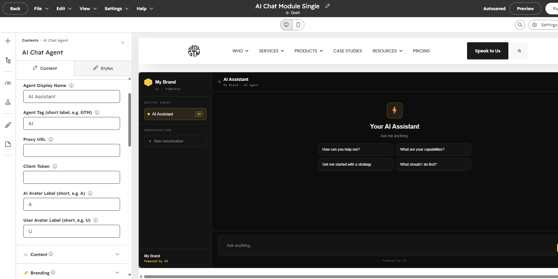 Edit Page - AI Chat Module Single - Agent Setup
