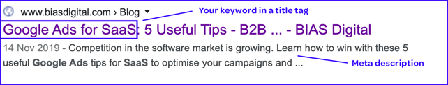 Screenshot showing what's title tag and meta description in Search Engine results Page.